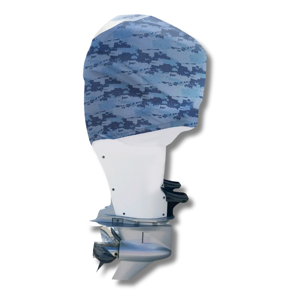 OuterEnvy Blue Digital Camo outboard motor cover on Mercury