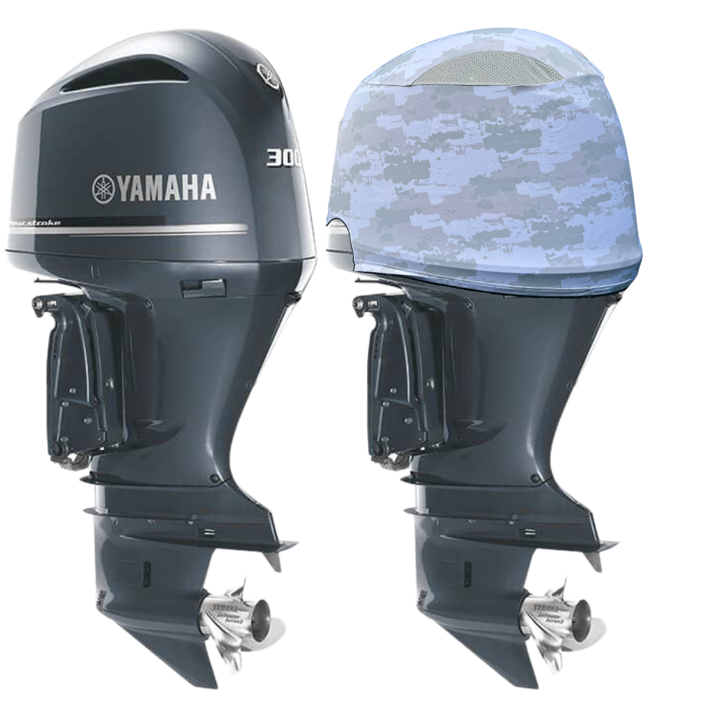 OuterEnvy Grey Digital Camo outboard motor cover on Yamaha