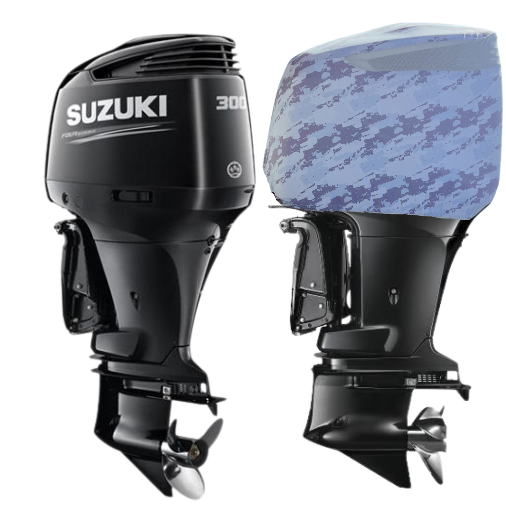 OuterEnvy Blue Digital Camo outboard motor cover on Suzuki